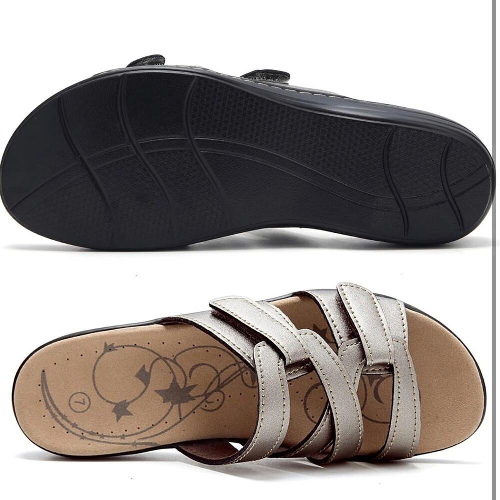 Sandals for Women Orthotic Slides Adjustable Hook and Loop Flat Slide